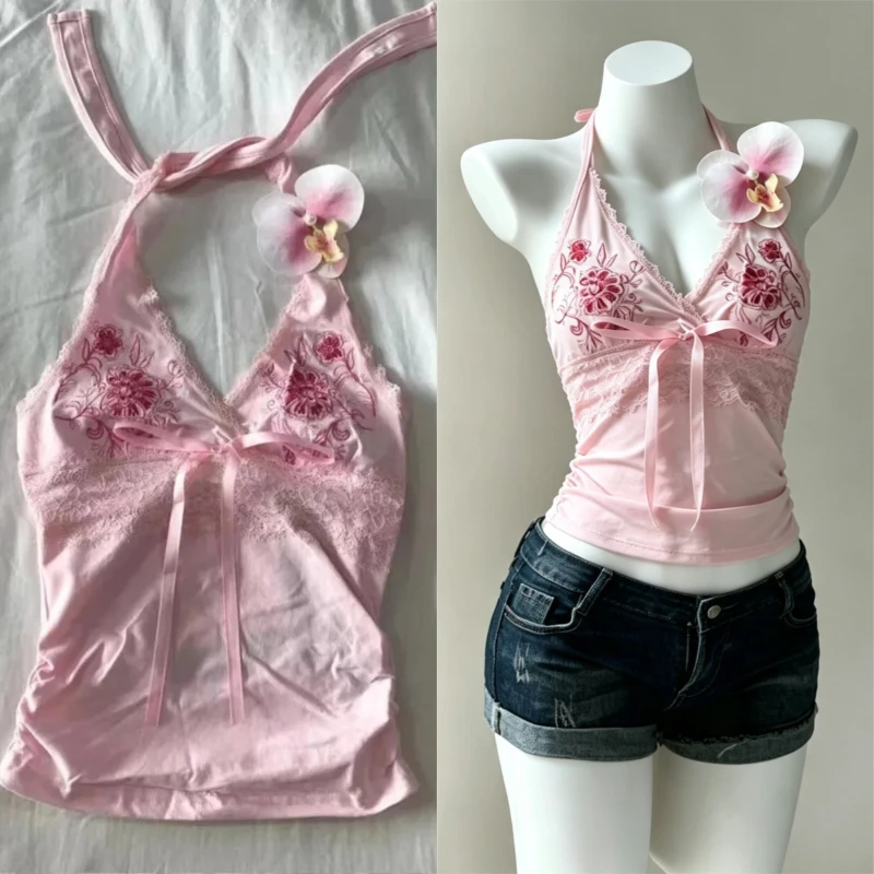 Y2K Vintage Halter Embroidery Tops Women Floral Print Sleeveless Cami 90s Retro Slim Fit V Neck Lace Trim Casual 90s Tank New