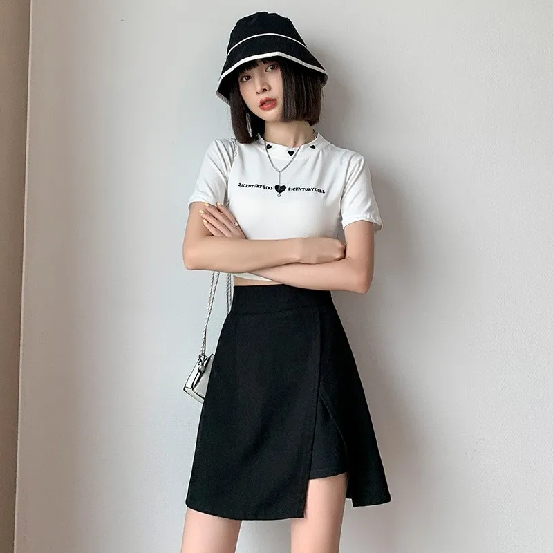 Spring Summer High Waist Black A- line Short Skirt Women Split Half Elf Packag Hip Skirt Polyester Fabric Korean Style NS5879