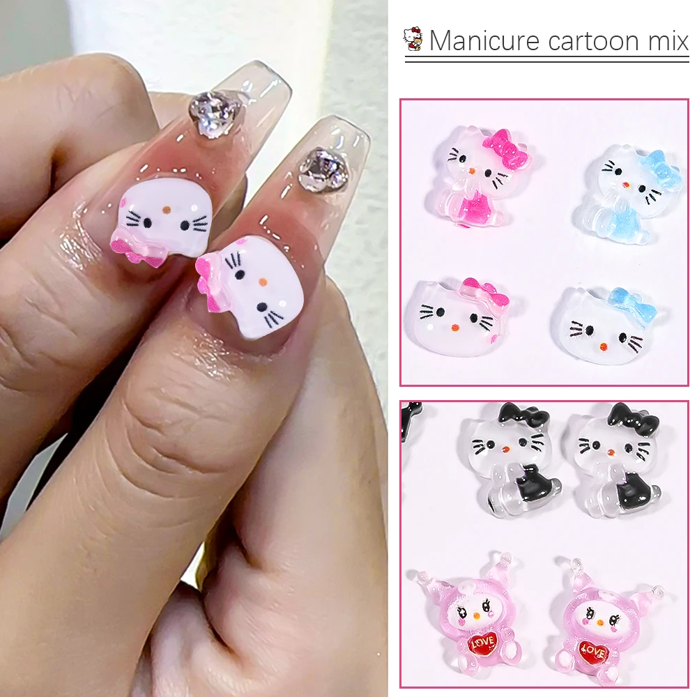 70pcs/Box Sanrio Resin Mixed Nail Decoration 3D Kawaii Hello Kitty-Kuromi Sparkling Flat Back Nail Charms DIY For Manicure Parts