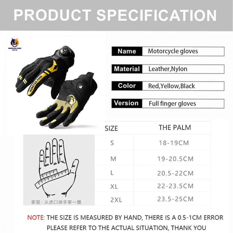 MONSTER PARK Motorcycle Gloves Adjustable Knob Full Finger Touch Screen Gloves Breathable Anti-Shock Riding Moto Gloves For Men