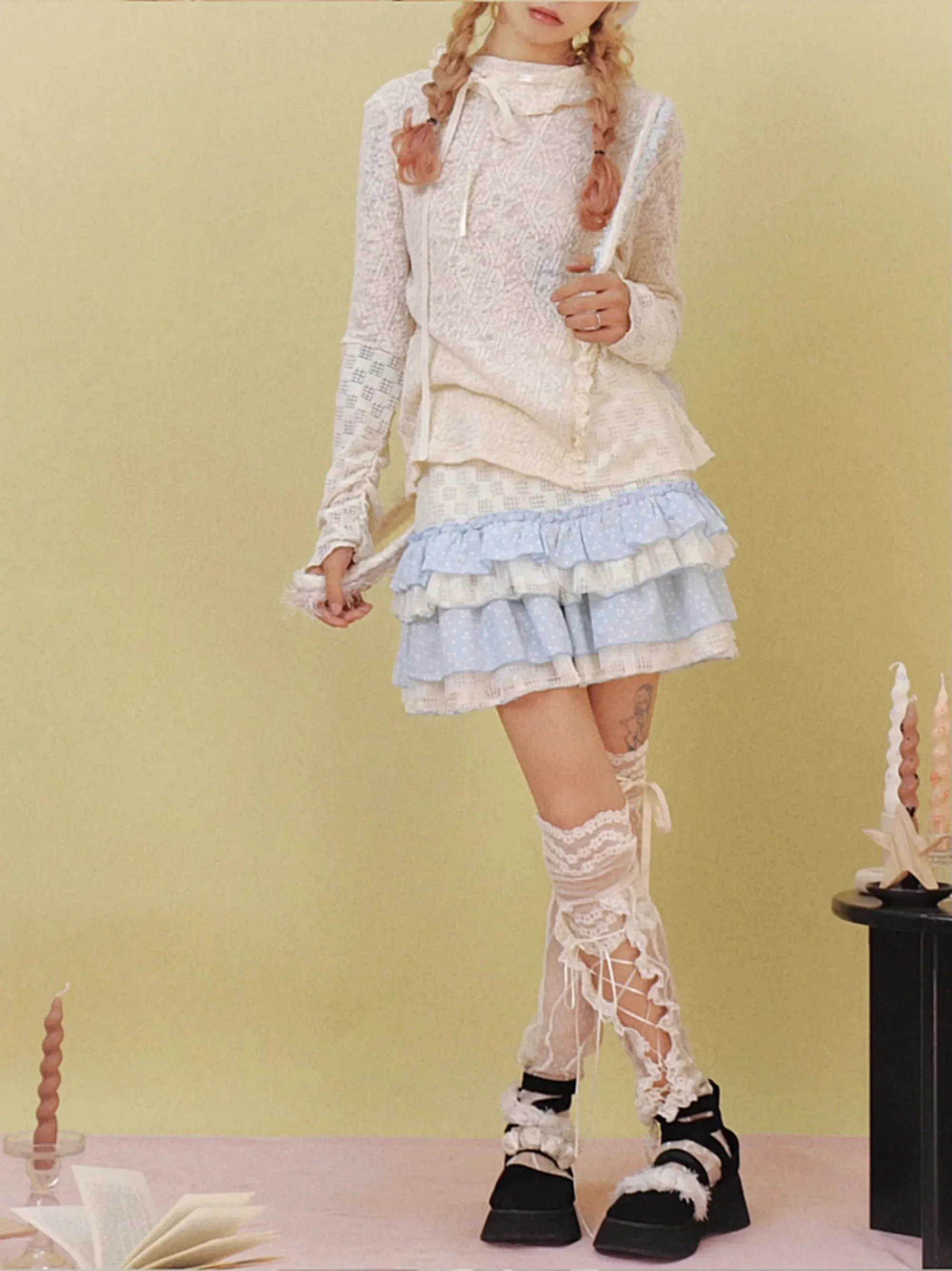 Harajuku Lace Knee Sleeve Socks Subculture Sweet Kawaii Mesh Lace-up over the knee Skinny Leg Socks White