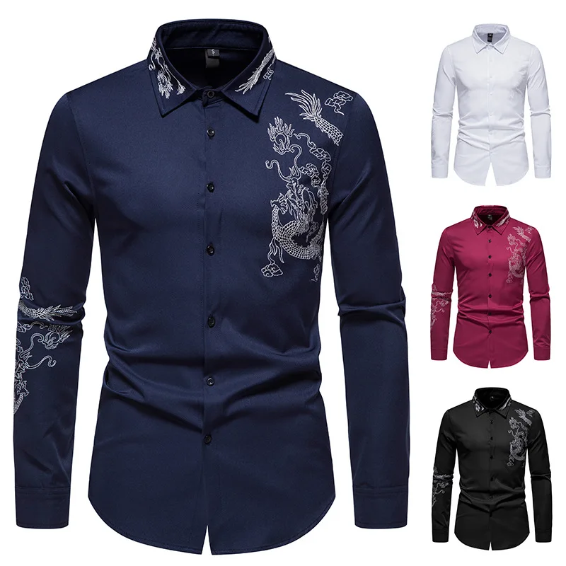 

Trendy New Chinese Dragon Pattern Embroidered Men Shirts Men Long Sleeve Casual Fashion Shirt Tops