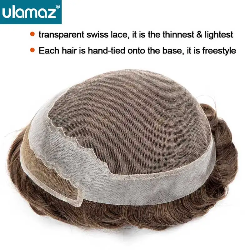 Swiss Lace Prótese Peruca para Homens, Prótese Toupee, PU Cabelo, Unidade do Sistema, Cabelo Humano, Bleach Nós, Masculino Peruca Frente, Premier