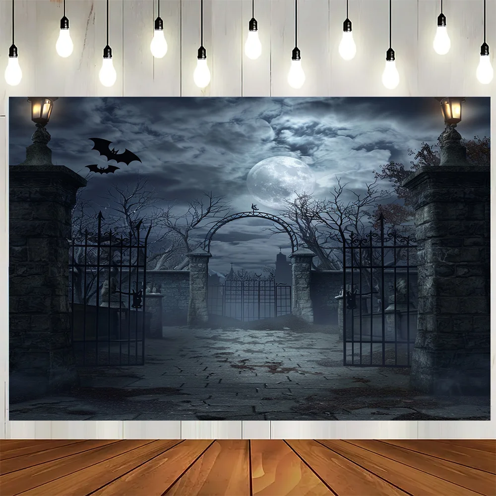 Halloween cemetery and bat background cloth - polyester photography prop, suitable for indoor and outdoor decoration