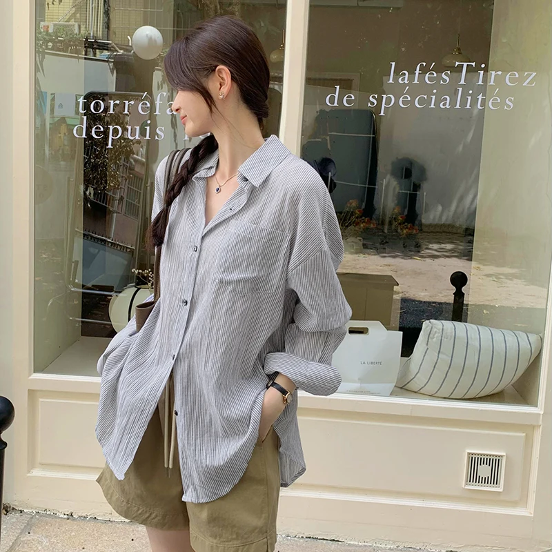 Vintage Striped Shirts Women Korean Fashion Simple Long Sleeve Blouse Office Lady Casual Loose Single Breasted Tops