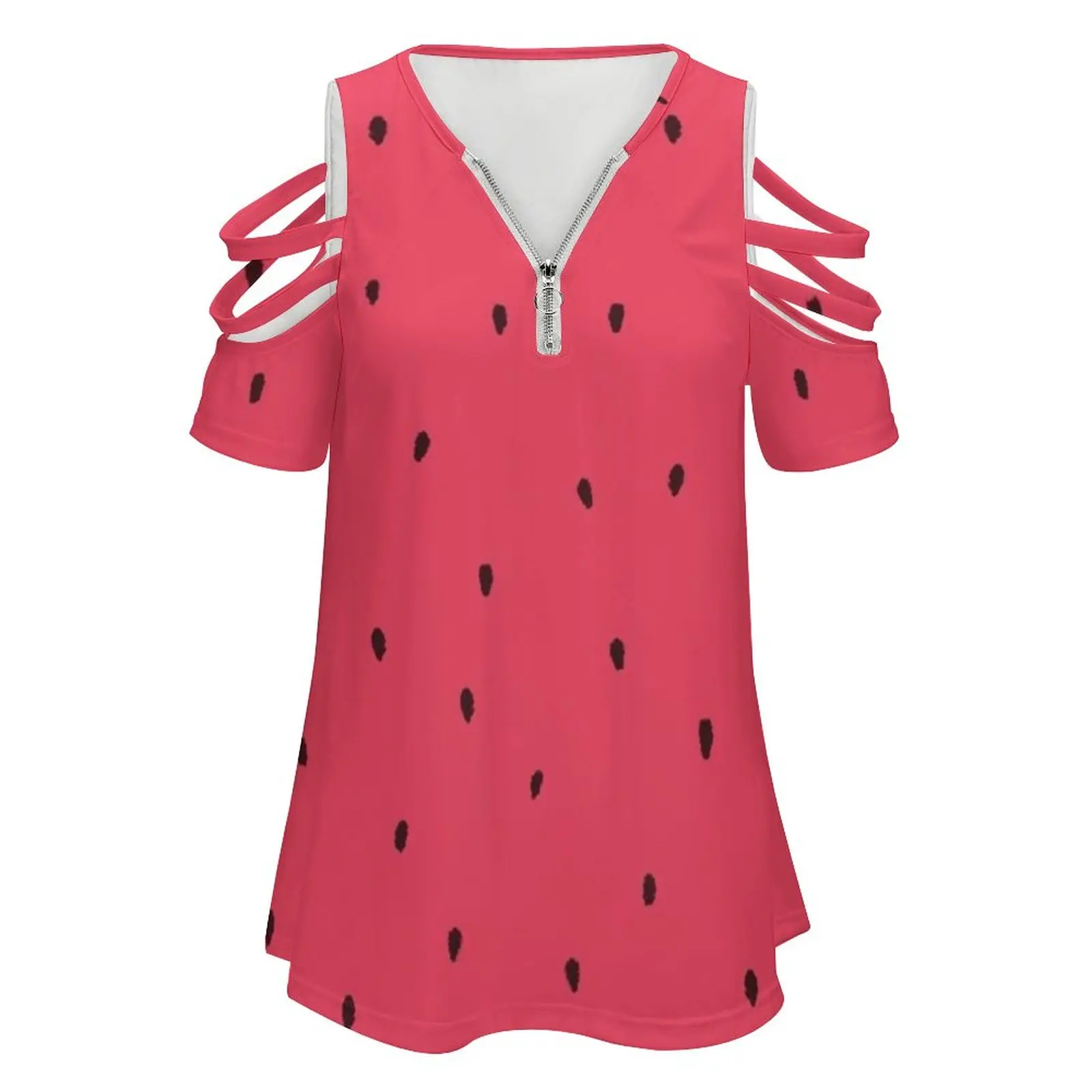 Watermelon Time Women's T-Shirt Summer Fashion Print Floral V-Neck Zipper Tshirt Hollow Pullover Ladies Top Watermelon Fruit