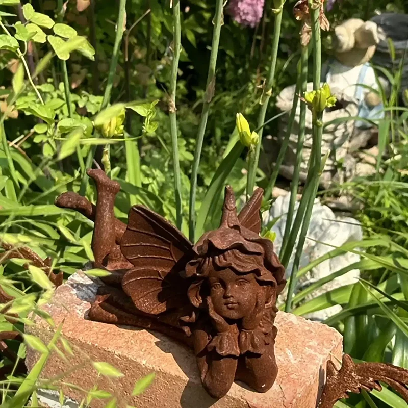 Rustic Cast Iron Fairy Sculpture Garden Lying Angel Statues Outdoor Decor Ornament Farmhouse Style Tabletop Metal Fairy Statues