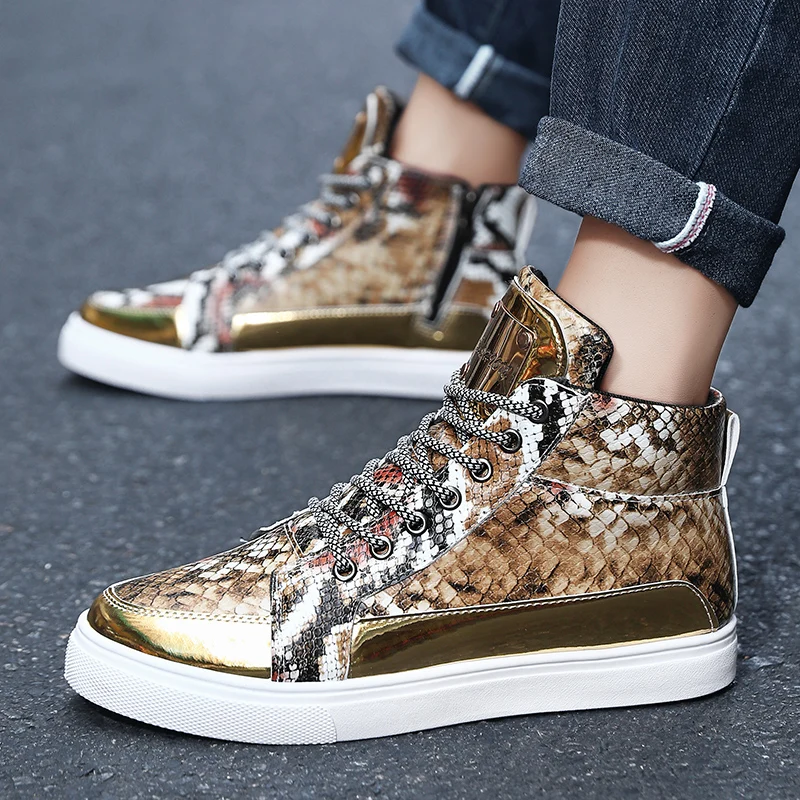 Fashion Glitter High Top Sneakers Men Trendy Zipper Designer Mens Vulcanized Sneakers Gold Snaker Leather Men Skateboard Shoes