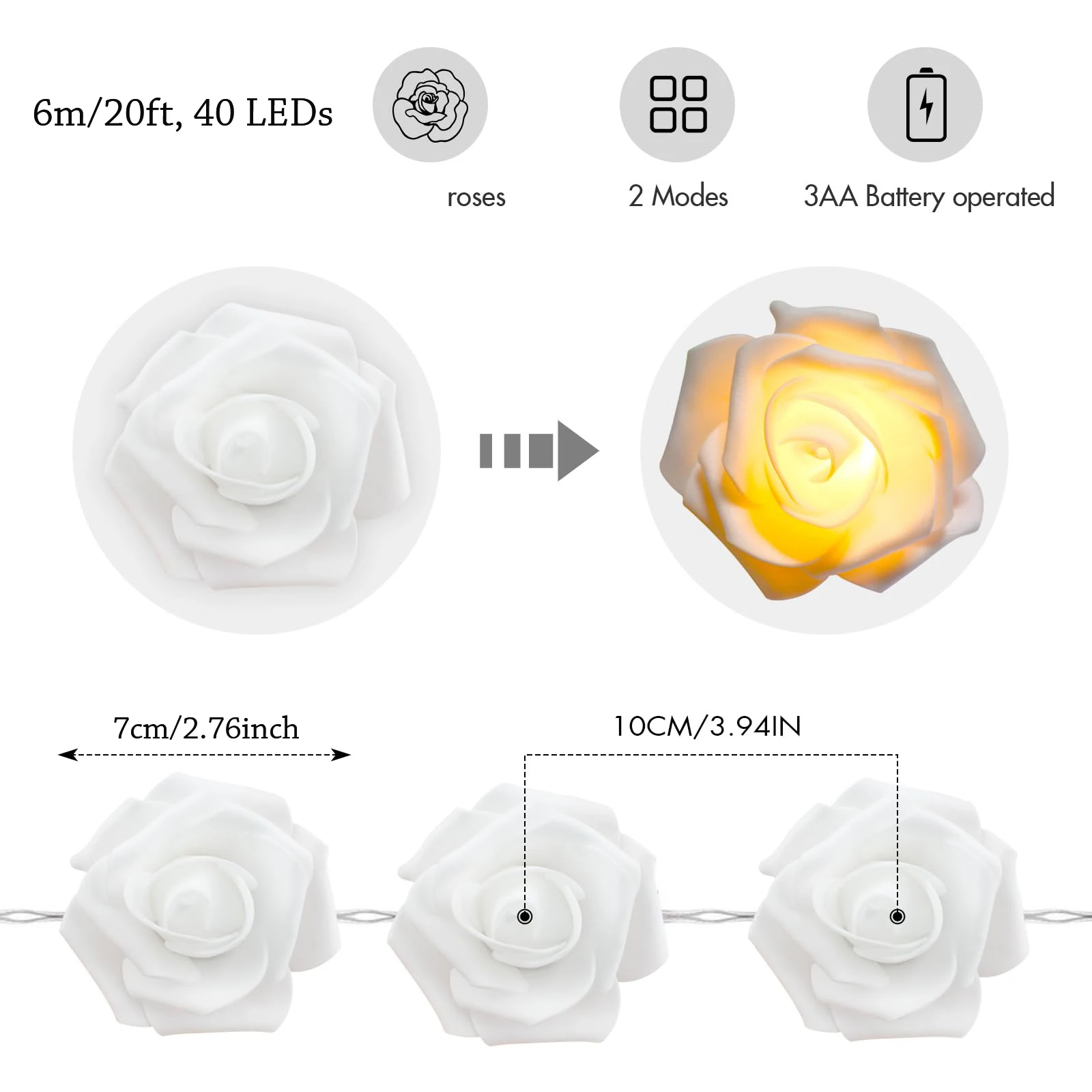 6m 40Leds Rose Festoon Light Battery Operated Fairy Garland String Light for Indoor Home Aesthetic Bedroom Christmas Valentine
