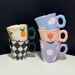 Creative and Lovely Hand-painted Ceramic Orange Mug with Irregular Coffee Cup for Office and Home Lovers Cup and Saucer Suit