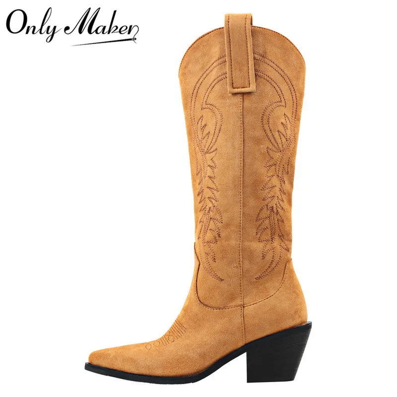 

Onlymaker Cowboy Boots Women Knee High Boots Western Wide Calf Embroidered Pointed Toe Flock Block Heel Pull-On Cowgirl Booties