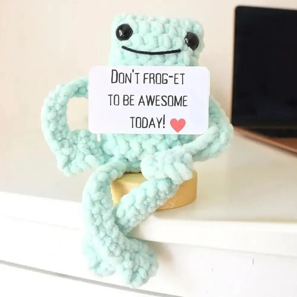 Positive Crochet Frog Doll with Encouraging Card Crochet Frog Decoration Handmade Crochet Frog Doll for Stress Relief Kids Toy