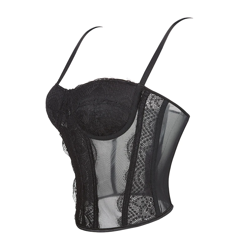 Women Exotic Sexy Black Lace Corset Top Crop Backless Bustier See Through Bodysuit Mesh Tube Lingerie