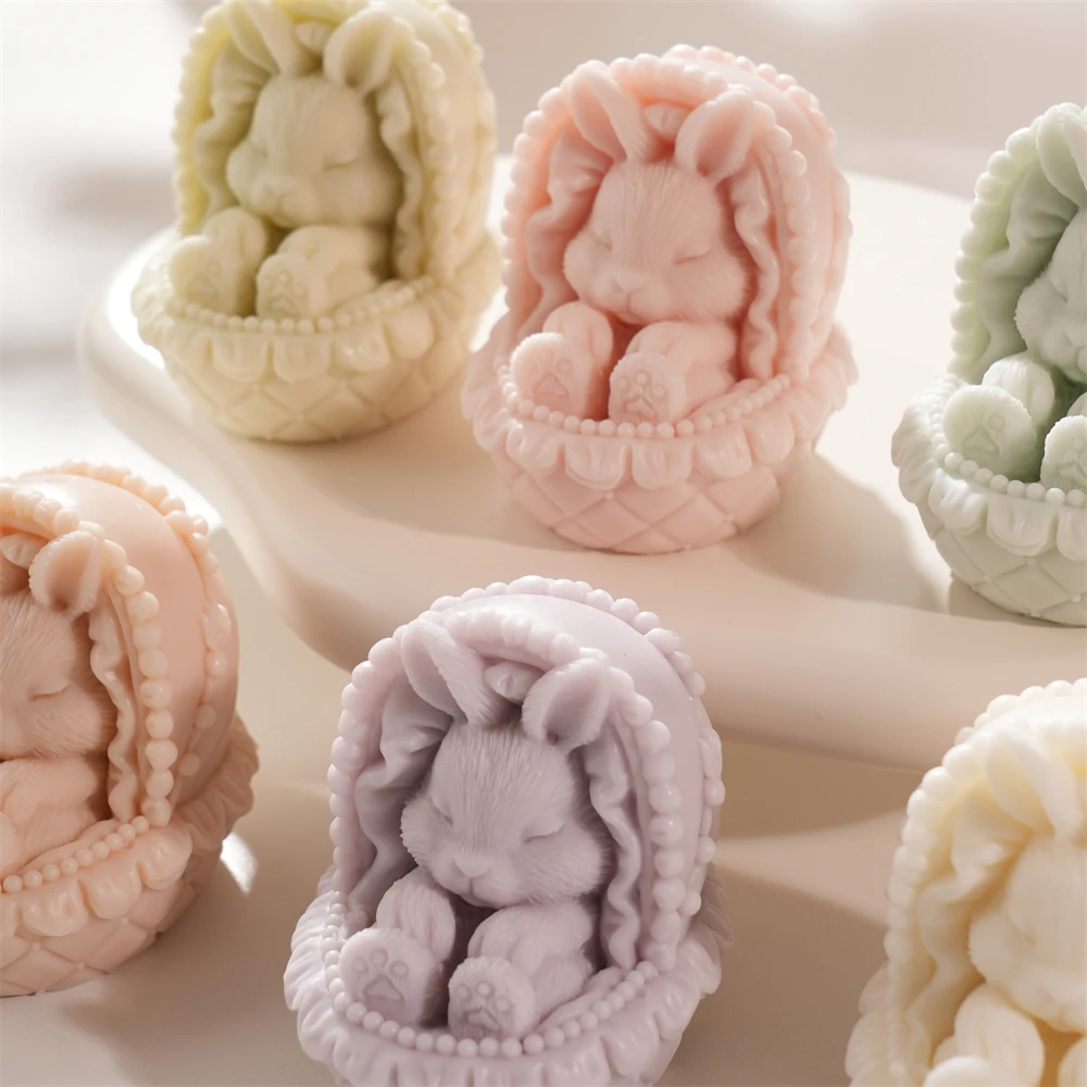 

Bunny Silicone Soy Wax Mould Easter Cute Rabbit in Cradle Candle Silicone Mold DIY Easter Home Decoration Rabbit Candle Mold