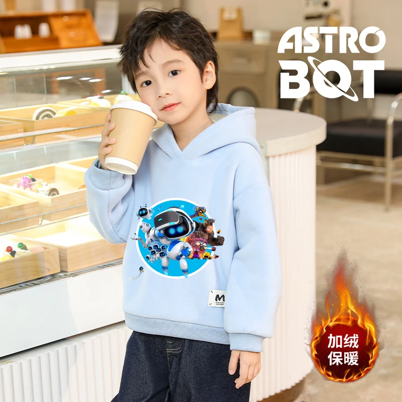 New Astro Bot Sweatshirt Boys Cute Cartoon Anime Pullover Hoodies Winter Outdoor Warm Thick Sports Top Coat Child Clothing Gifts