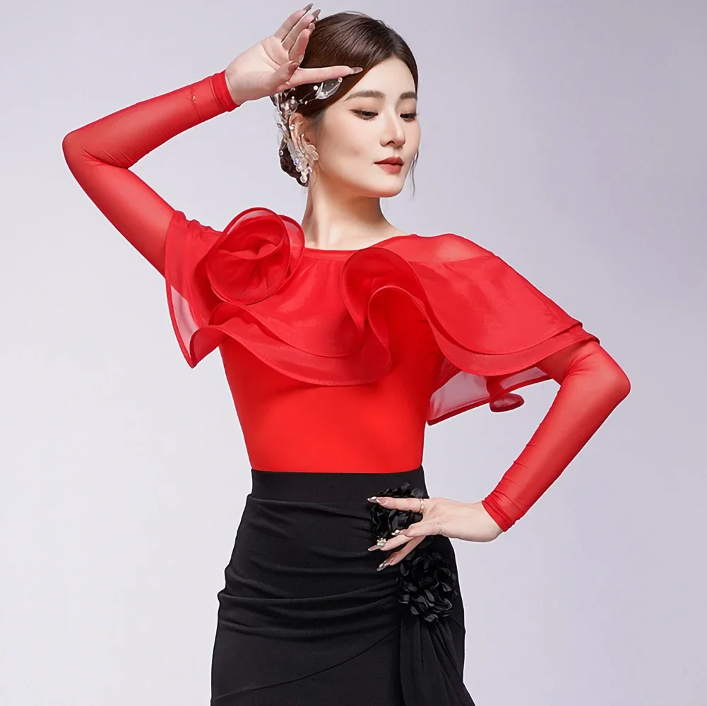 Latin Dance New Red Line Dance Dark Blue Top Performance Suit Black Women's  Round Neck Purple Rain Blue High-End Top