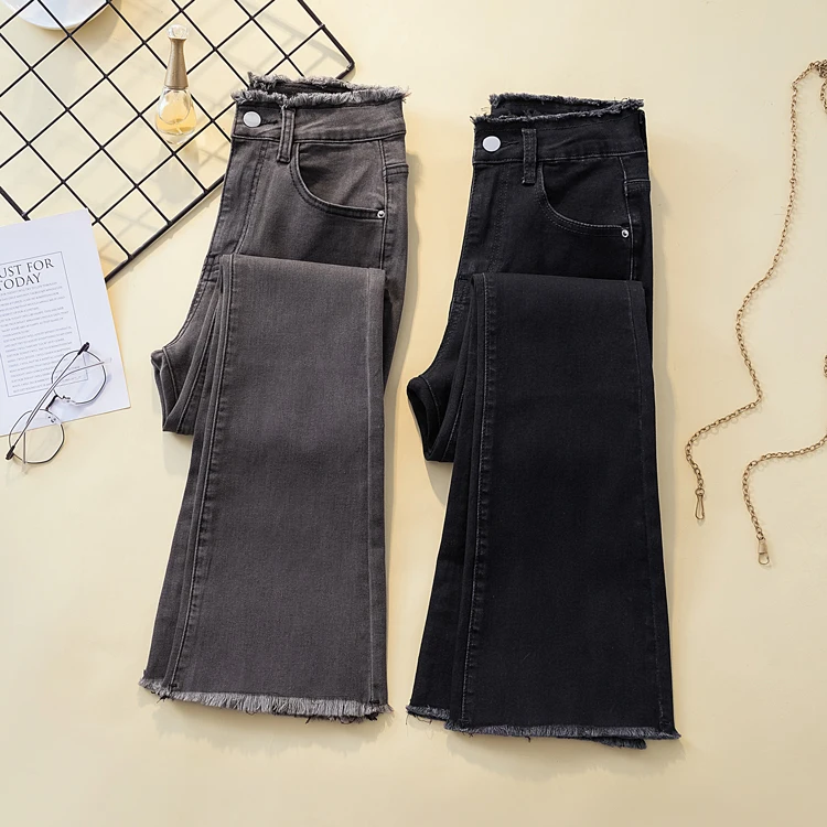 

High Waist Flare Jeans Women's Spring Autumn New Style Straight Leg Slimming Nine Points Flare Frayed Cotton Elastic Fabric