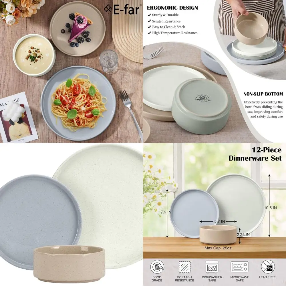 

Modern 12-Piece Stoneware Dinnerware Set for 4, Multicolor Speckled Plates & Bowls, Microwave and Dishwasher Safe