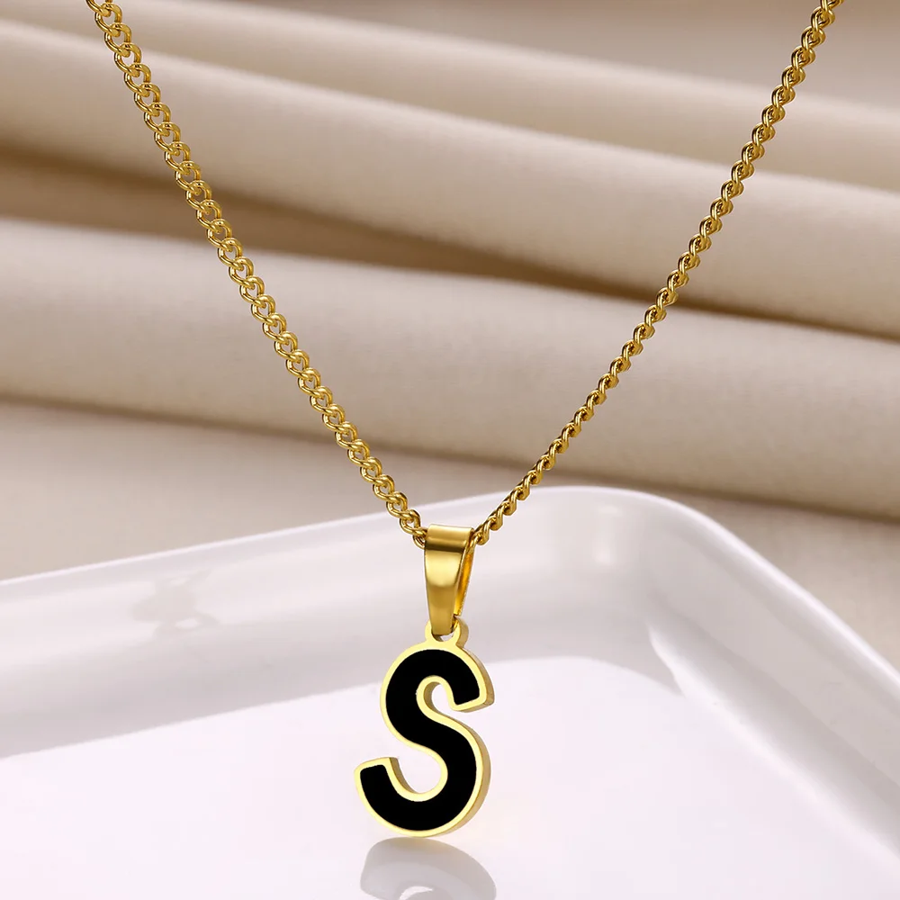 الذهب اللون الفولاذ المقاوم للصدأ 26 حرف قلادة كلاسيكية سوداء الأولي قلادة قلادة عيد الحب هدية مجوهرات شحن مجاني