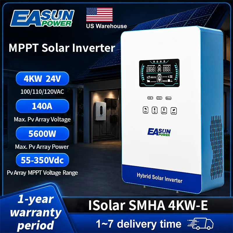 EASUN POWER 4000W Solar Inverter 4KW Hybrid Solar Inverter 120V Off Grid Solar Inverter 24V 140A 5600W MPPT Charger Pure Sine Wave Home Inverter 6.25 Inch LCD Display 4000W Hybrid Inverter 110V Inversor US Standard Machine Household Solar Energy Equipment