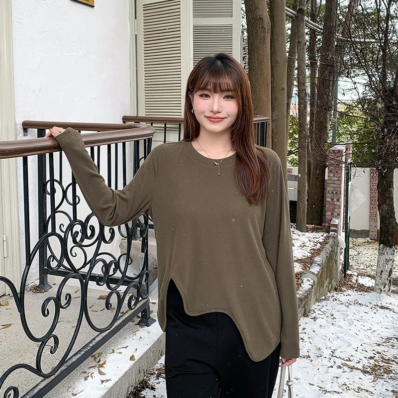 

Plus size, T-shirt weighing 200 pounds, fat mm, irregular hem, round neck, long sleeved, loose and fashionable top 3462