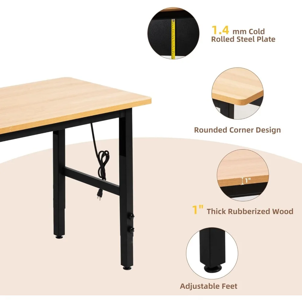 منضدة عمل قابلة للتعديل شديدة التحمل مع منافذ طاقة - طاولة من الخشب الصلب بسعة 2000 رطل لورشة المرآب