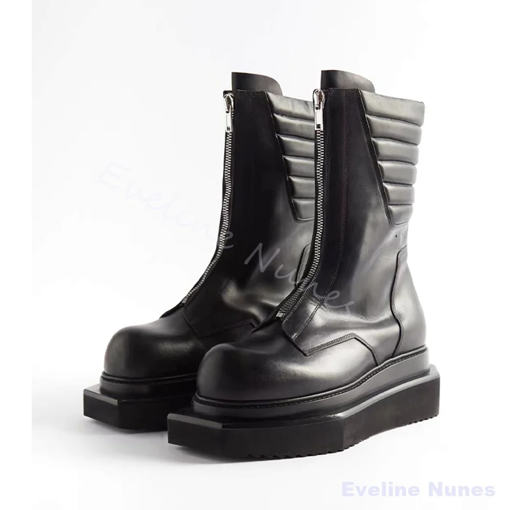 Men Black Platform Mid Calf Boots Round Toe Front Zipper Thick Sole Leather Boots Punk Street Fashion Gothic Motorcycle Boots