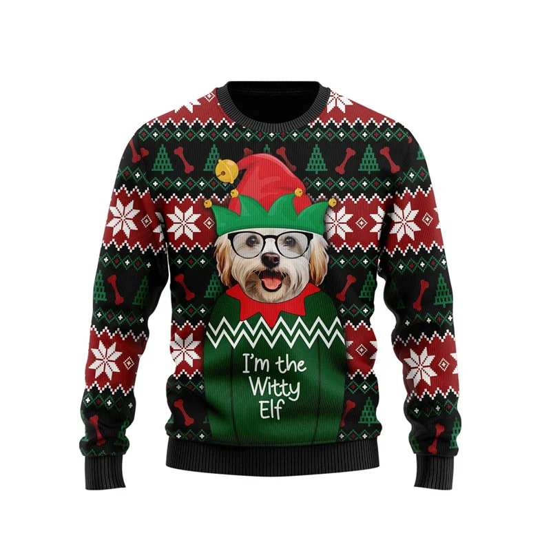 3D Printed Witty Dog Sweatshirt For Men Pet Bulldog Christmas Pattern Pullover Casual Loose Holiday O-Neck Hoodies Unisex Tops