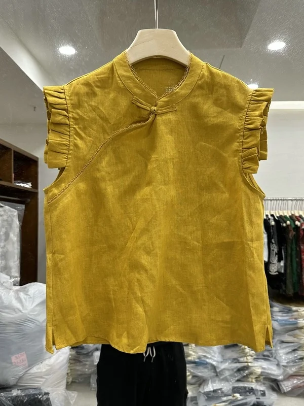 

Chinese Style Linen Shirt Women's Sleeveless Stand Collar Simple Summer New Arrival 100% Linen Material Flying Sleeve Top