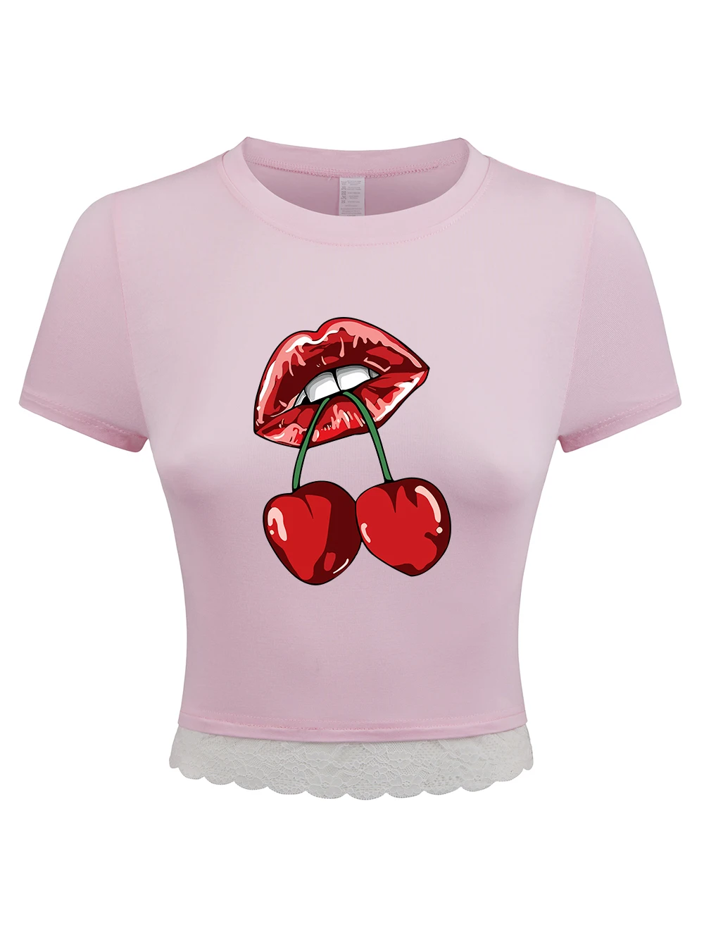 Cherries In The Mouth Prints Damen-Crop-T-Shirts, Sommer-Tops mit hohem elastischem O-Ausschnitt, Spitzensaum, schmale T-Shirts, bequeme, weiche Kleidung