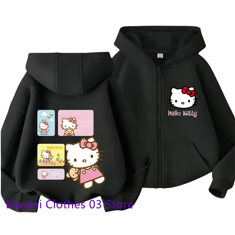 Hot Hello Kitty New Pin Zipper Hoodie Girls Sweatshirt Autumn/Winter Long Sleeve Jacket Harajuku Jumper Pin Casual Hoodie Top