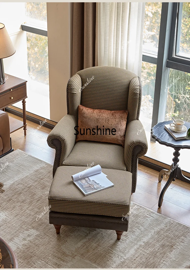 

Retro single sofa plaid solid wood living room leisure chair