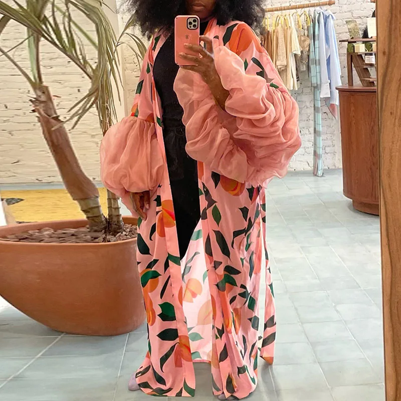 Vintage Printed Lace-up Long Cardigan Women Elegant V Neck Loose Coat Outwear Autumn Long Sleeve Spliced Vacation Beach Cover-up