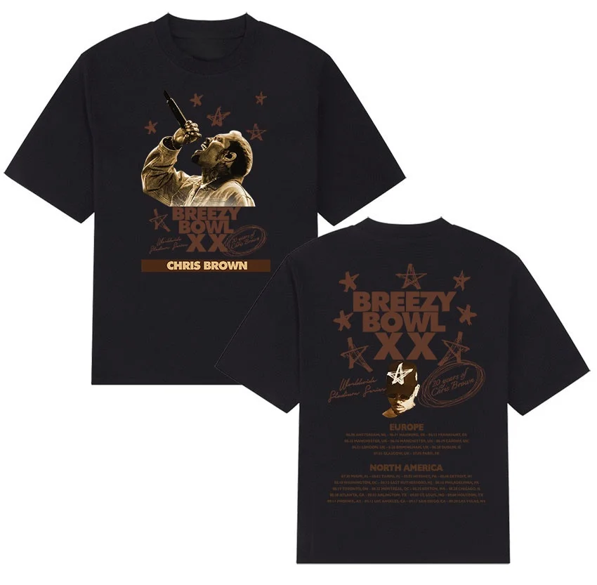 

Рэпер Крис Браун Breezy Bowl XX Tour 2025 Футболки для альбомов Мужчины Женщины Хип-хоп Модная футболка с короткими рукавами Топы 100_ Хлопковые футболки