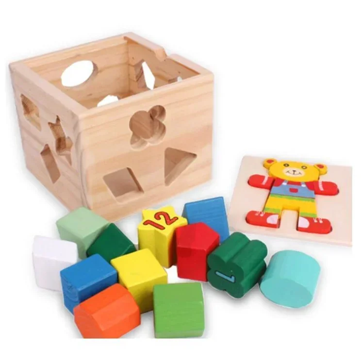 

[ Funny ] 13 chunky shapes Bear Shape Sorting Cube Educational Understanding color shape digital Wooden Geometric blocks toys