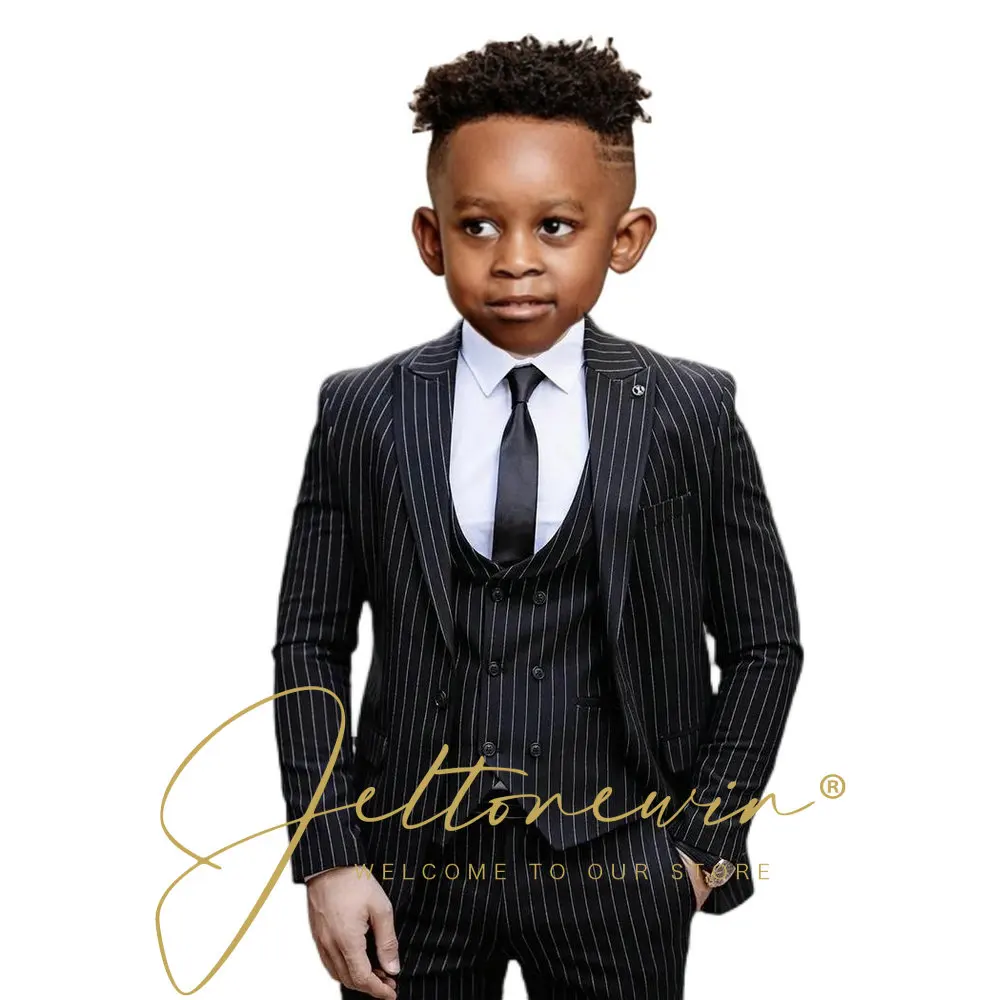 

Flower Boys Black Striped Formal Suit Kids Wedding Birthday Party Dress Blazer Vest Pants 3pcs Tuxedo Prom Performance Costume