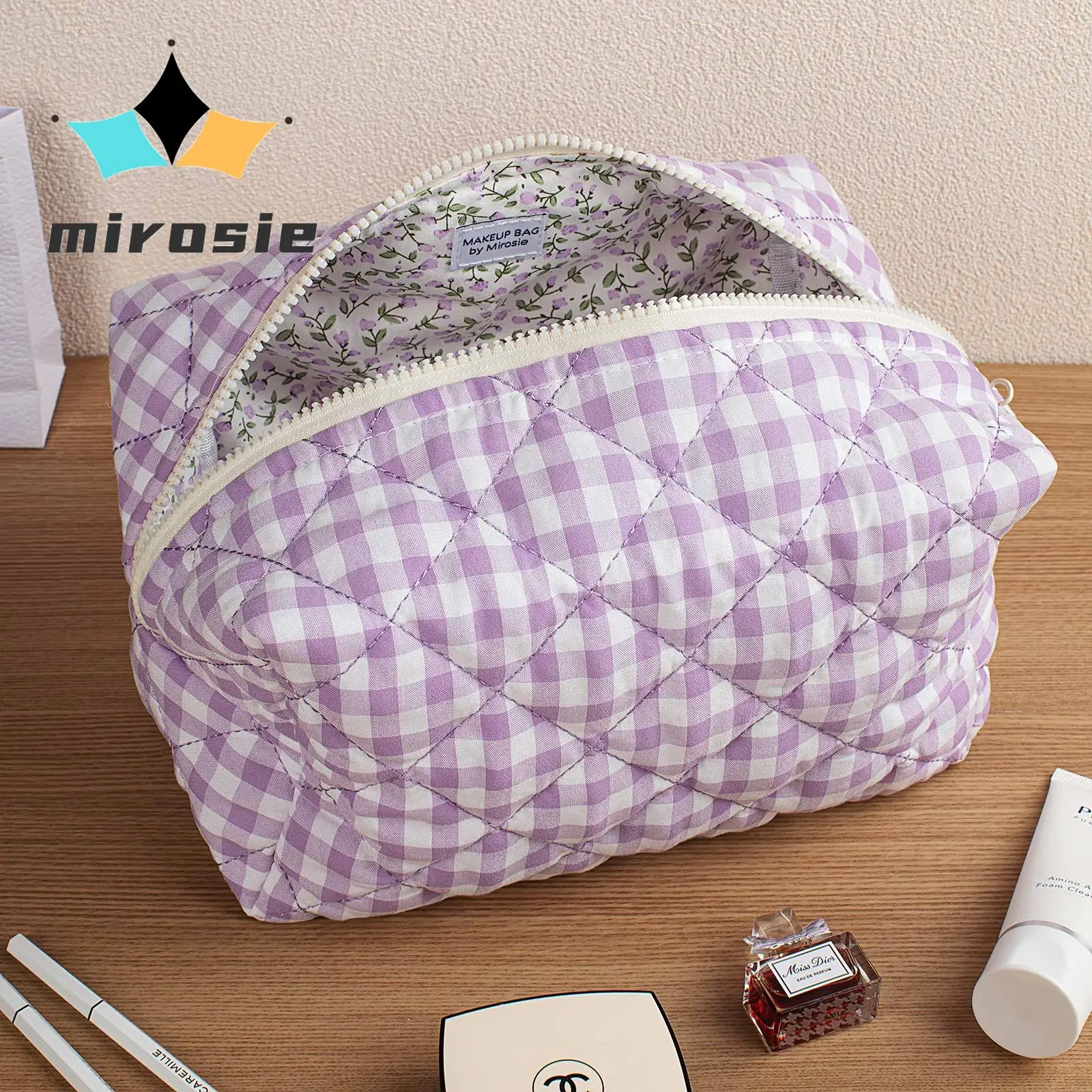 

MIROSIE-Pretty Purple Gingham Print Makeup Bag with Zipper, Portable Travel Skincare Storage Pouch, Makeup Organizer, Big Size