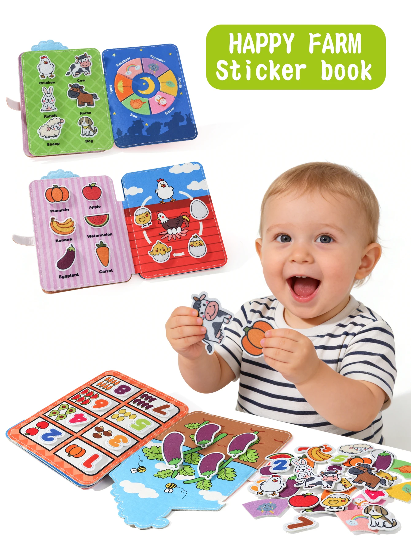 หนังสือเงียบธีมฟาร์มสำหรับเด็ก หนังสือสติกเกอร์แบบใช้ซ้ำได้ ติดด้วยตีนตุ๊กแก ของเล่นเสริมพัฒนาการเรียนรู้เรื่องสัตว์และผัก สำหรับเด็กวัยเตาะแตะ