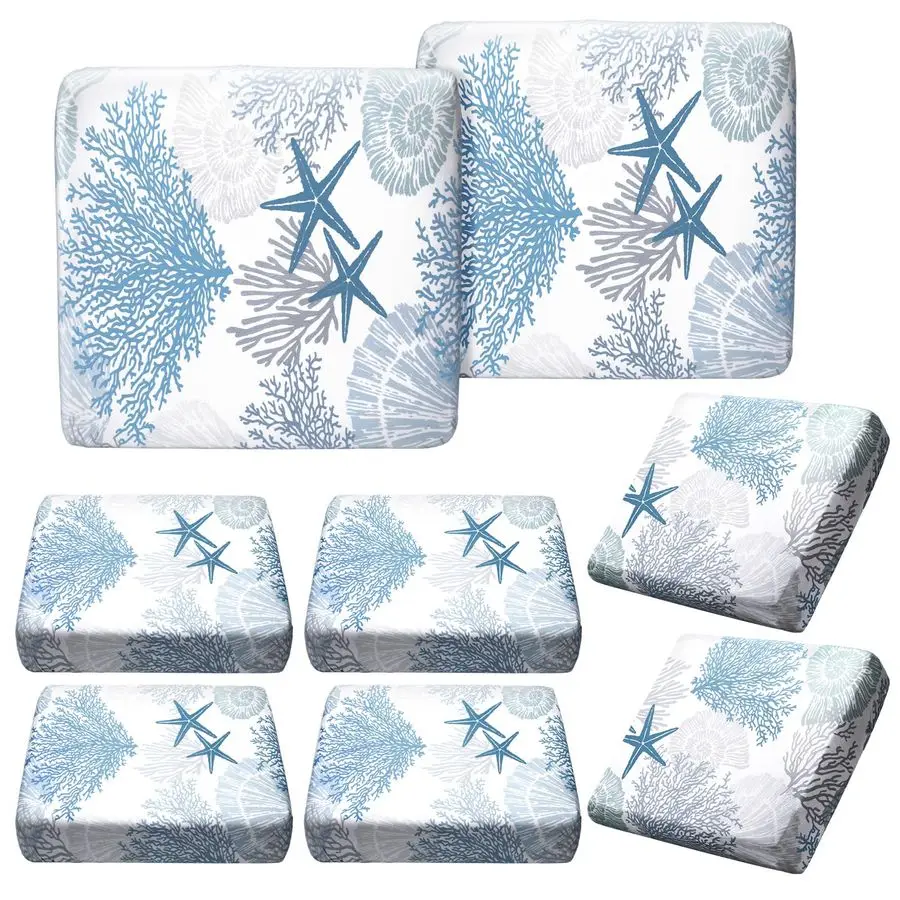 

8 Pcs Summer Sofa Cushion Cover Patio Stretch Beach Outdoor Seat Cushions Covers Starfish Seashell Coral Replacement Couch Chair