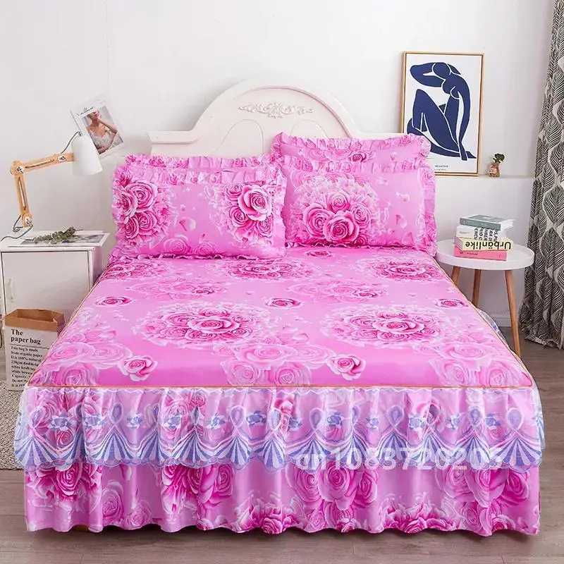 

1PC Printed Bedding Set Soft Bed Skirt Bedspread Full Twin Queen King Size Bed Sheet Mattress Cover WithLace Without Pillowcases