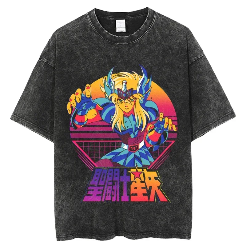 Wholesale Saint Seiya Japanese Anime Washed T Shirt Summer Harajuku Casual Tees-shirt print Streetwear Hip Hop Top Clothes