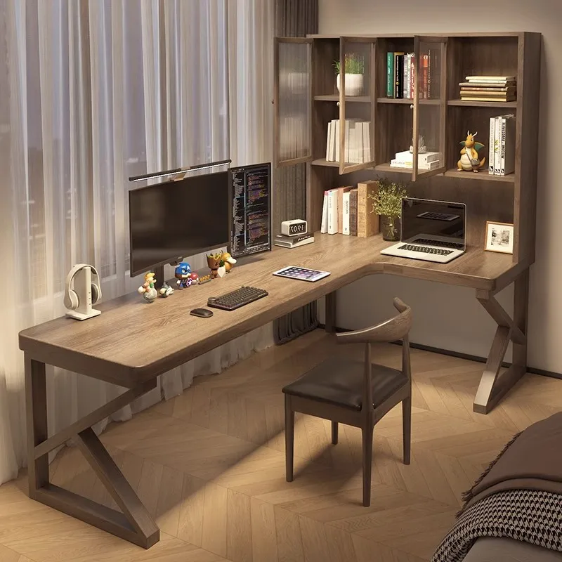 Retro Solid Wood Computer Desk Corner Bookcase Integrated Children's Bedroom Writing Study Workbench L-shaped Standing Desk