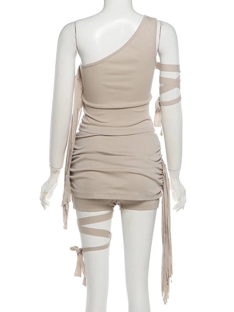 Weird Puss Sexy Quasten-2-Teiler-Set für Damen, schräge Schultern, Bandage-Weste + elastische Taille, klassische Falten, kurzer Mitternachts-Hottie-Anzug – Detail 5