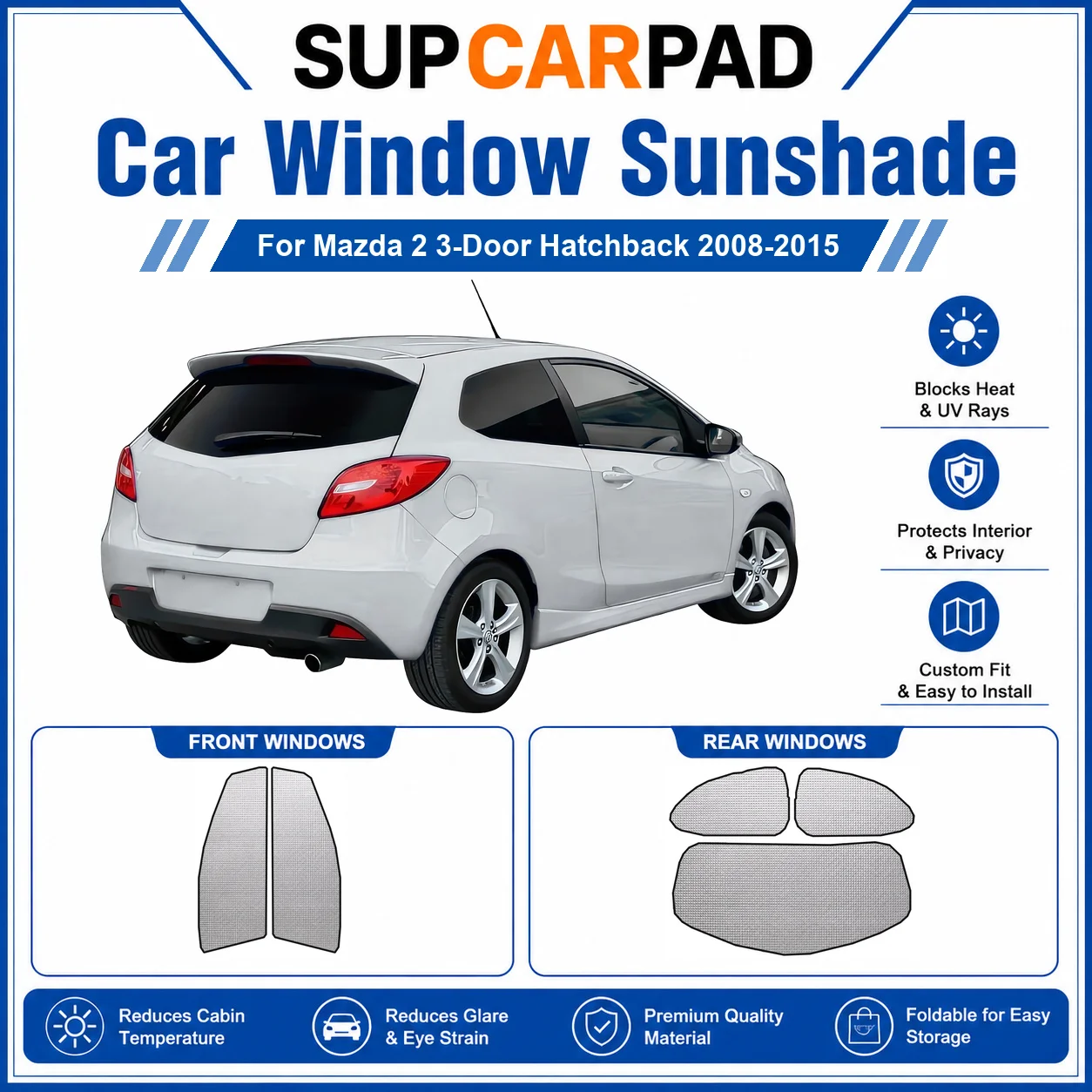 

For Mazda - Mazda 2 3-Door Hatchback 2008-2015 Full Set Car Window Sunshades UV Block Privacy Heat Insulated Foldable Car Curtai