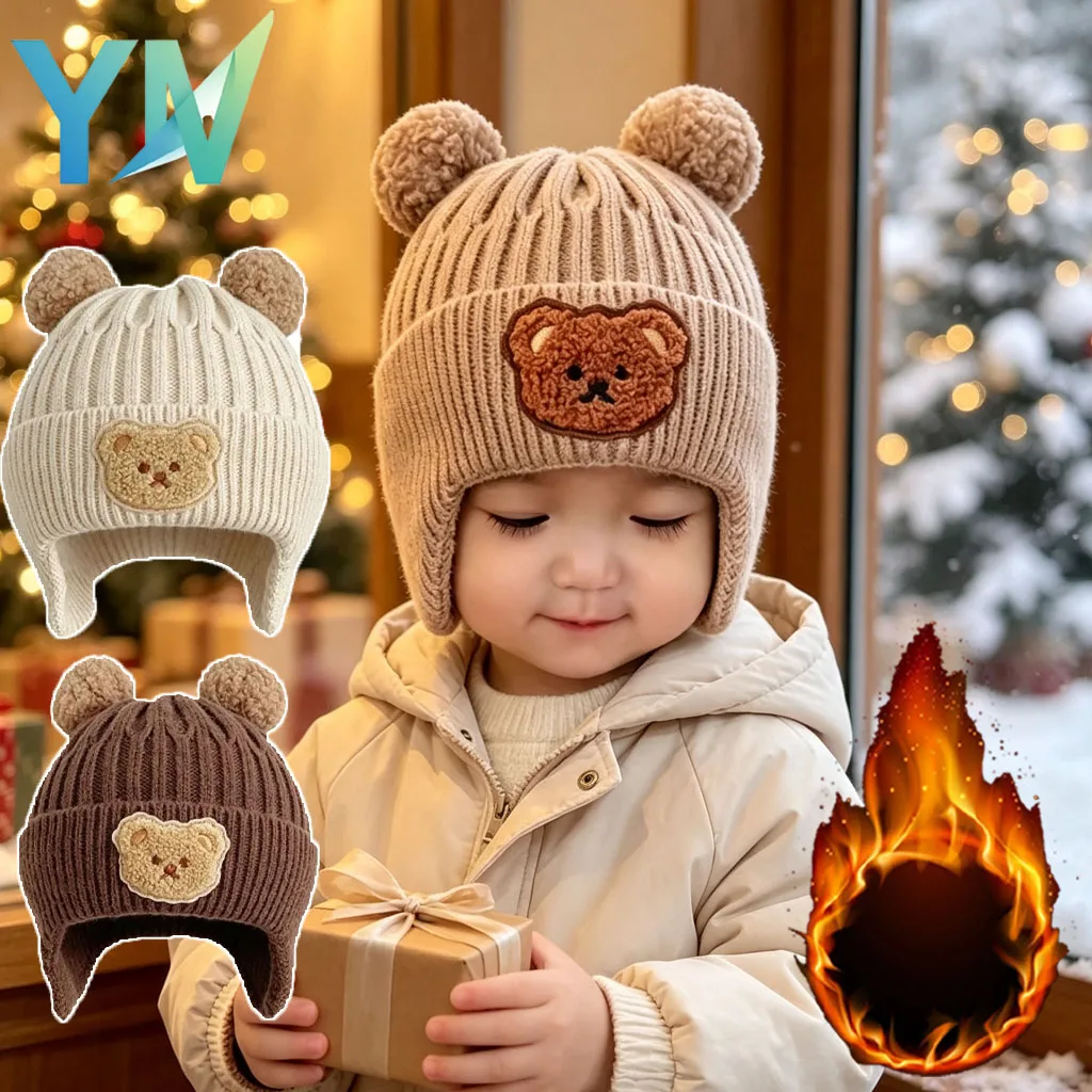 1-10PCS Winter Outdoor Adorable Bear Earflap Knitted Beret for Toddler Baby Kids Boys Girls Solid Color Thick Warm Cozy Soft