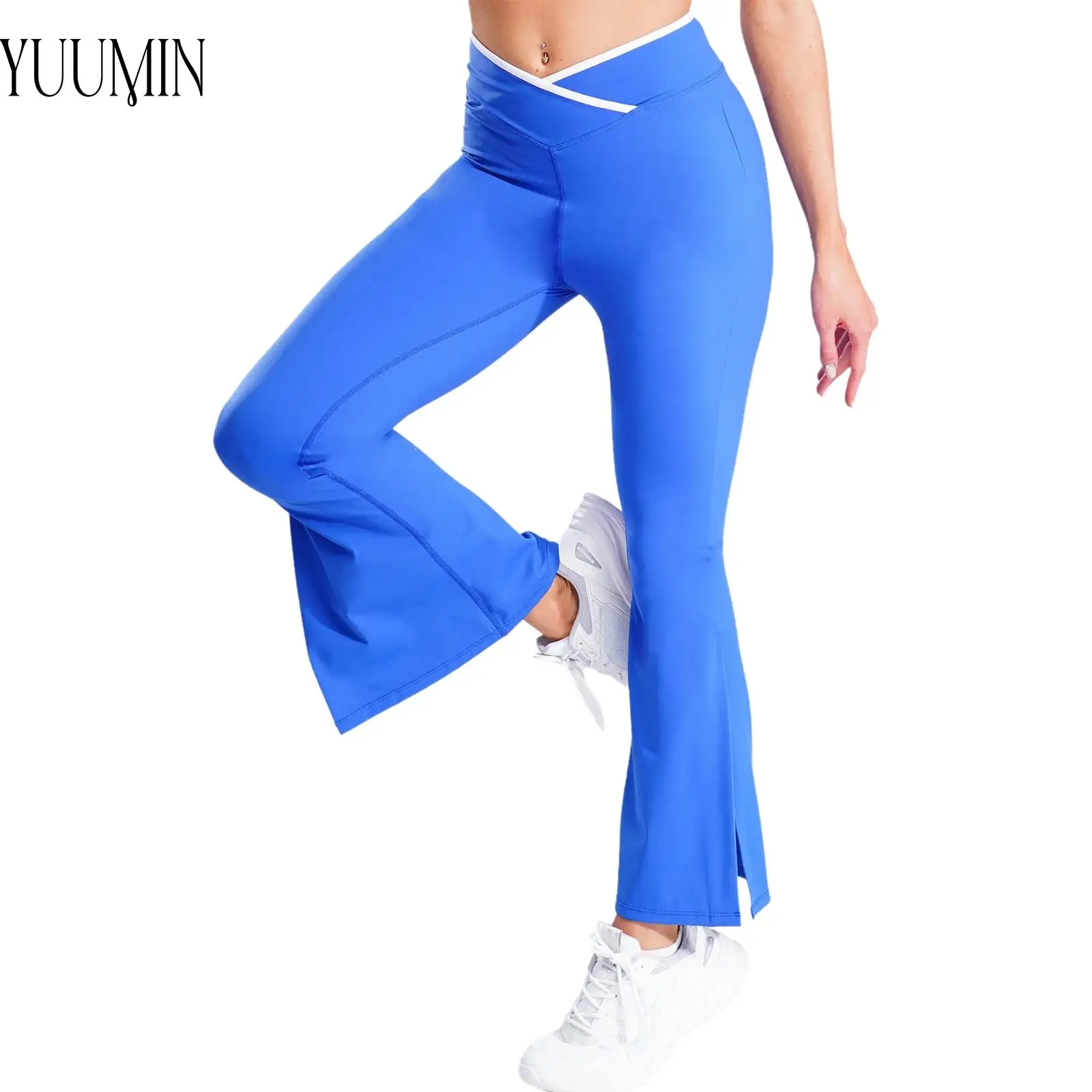 

Женские дышащие расклешенные брюки для йоги с v-образным вырезом и эластичным поясом по бокам, леггинсы с разрезом и расклешенным низом для тренировок в тренажерном зале, фитнеса, спорта