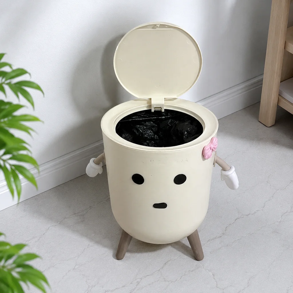 Cute Cartoon Press Top Trash Can with Elevated Legs, Cream Aesthetic Round Waste Bin for Bedroom Living Room Decor