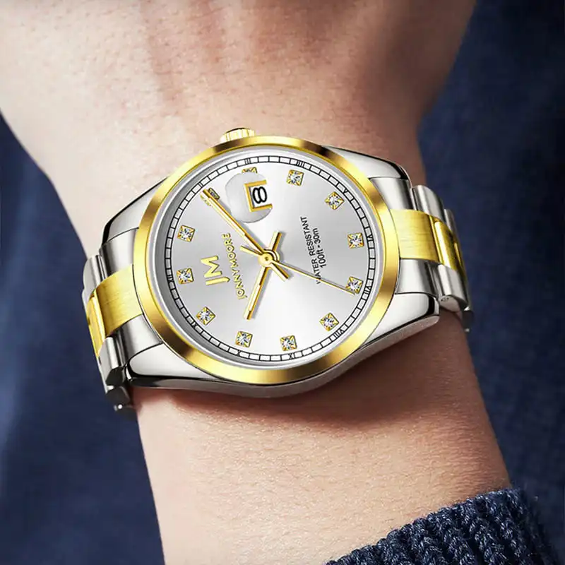 جوني مور K1039 ساعة كوارتز عصرية فاخرة بشريط فولاذي مرصعة بالألماس مقاومة للماء بتقويم ماسي للرجال Mujer