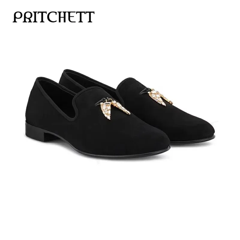 

Diamond Pendant Decorated Loafers Round Toe Square Root Shallow Mouth Black Casual Shoes Large Size Business Men's Shoes