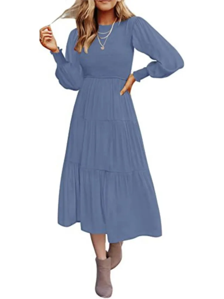 

Autumn Women's New Solid Color Round Neck Long Sleeved Pleated Layered Short Sleeved Back Button Water Droplet Big Swing Dress